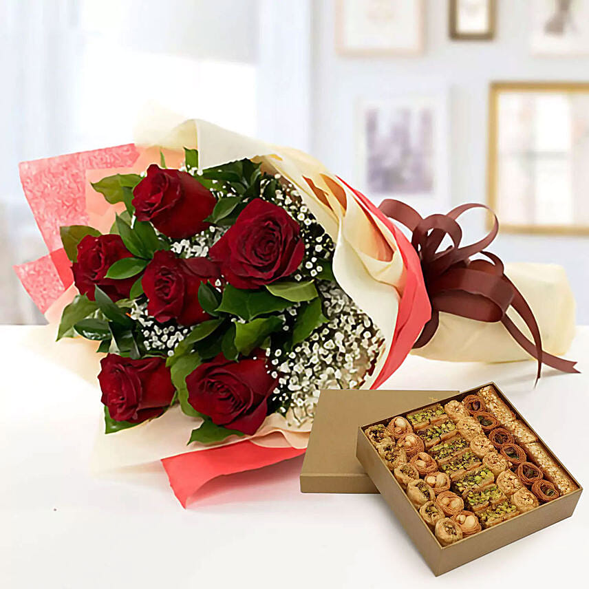 6 Red Roses With Baklawa Sweet 1 Kg