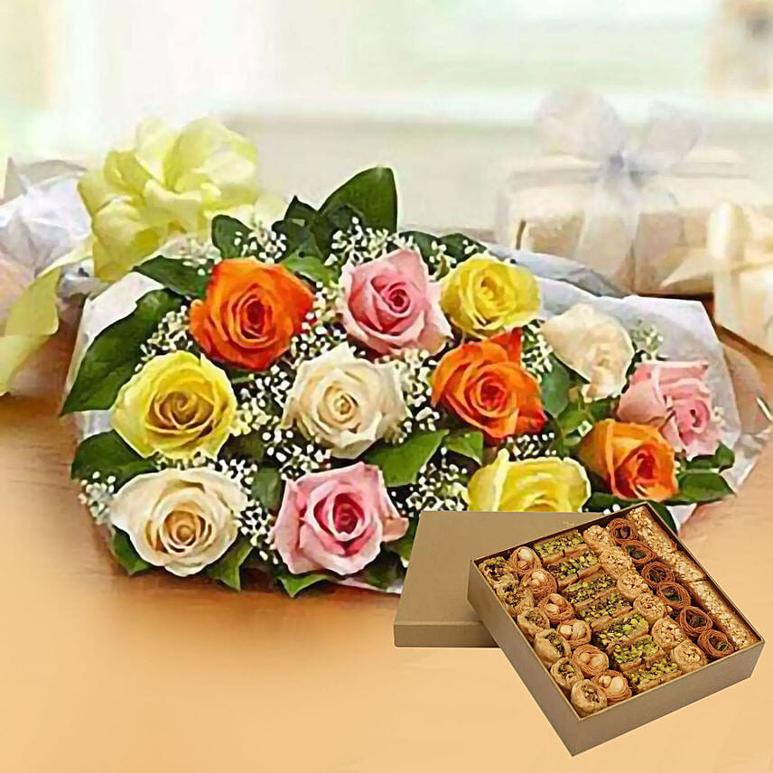 12 Mix Roses Bunch With Baklawa Half Kg