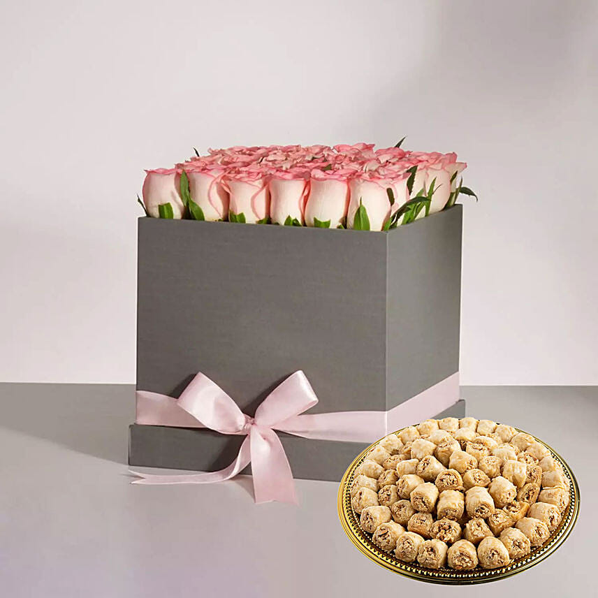 Baklawa 1 Kg And Pink Roses Hamper