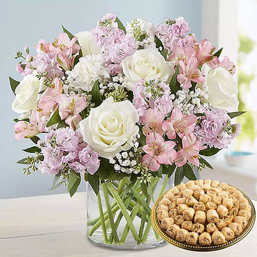 Delicate Flowers Vase And Half Kg Baklawa Sweets