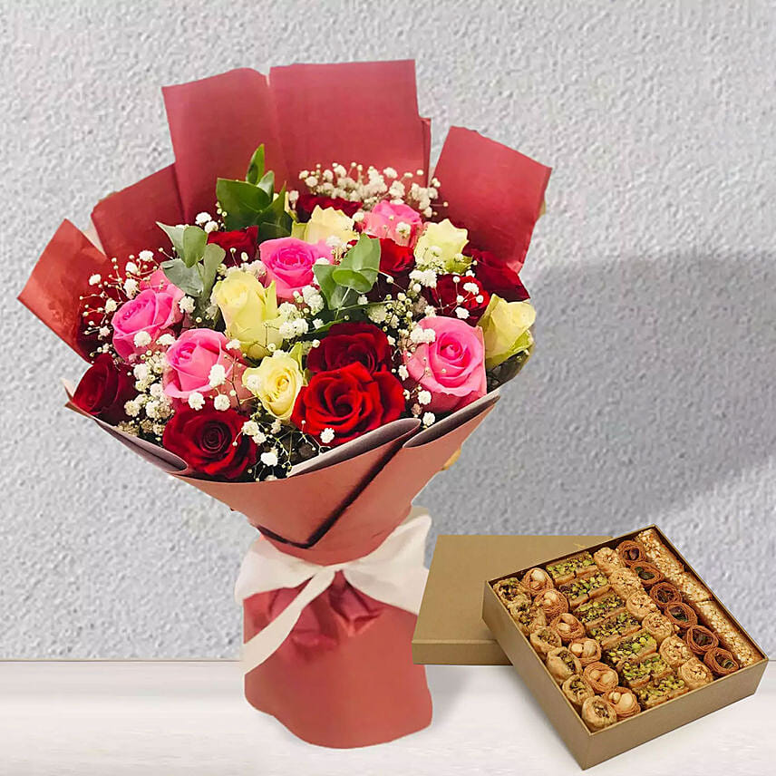 Hamper of Beautiful Mix Roses And Baklawa 1 Kg