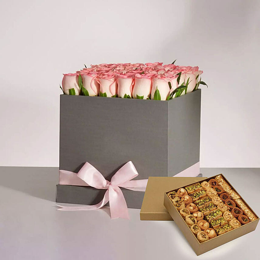 Pink Roses Box With Mix Half Kg Baklava Sweets