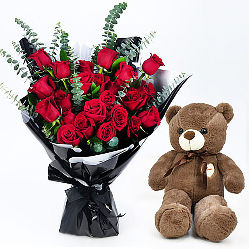24 Roses Bouquet With Teddy