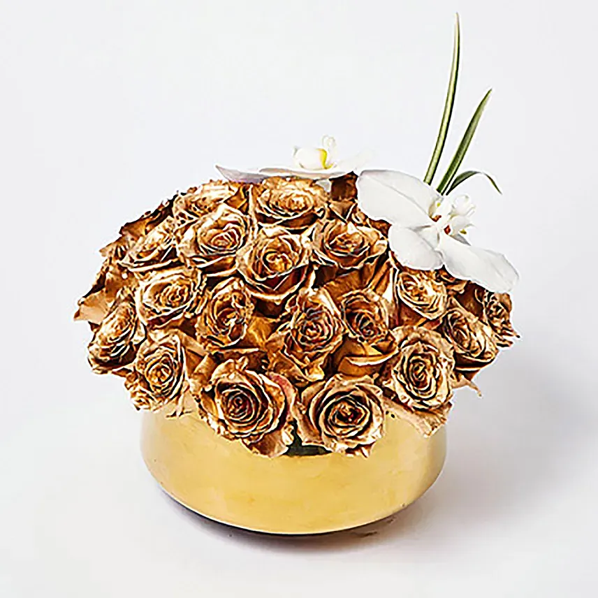 Delightful Gold Roses N Phalaenopsis Vase Arrangement