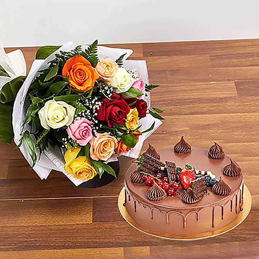 Dozen Multi Roses With Fudge Cake