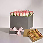 Pink Roses Box With Mix Half Kg Baklava Sweets