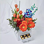 Premium Mixed Flowers Box Arrangement With Ferrero Rocher