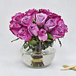 Purple Roses In Glass Bowl