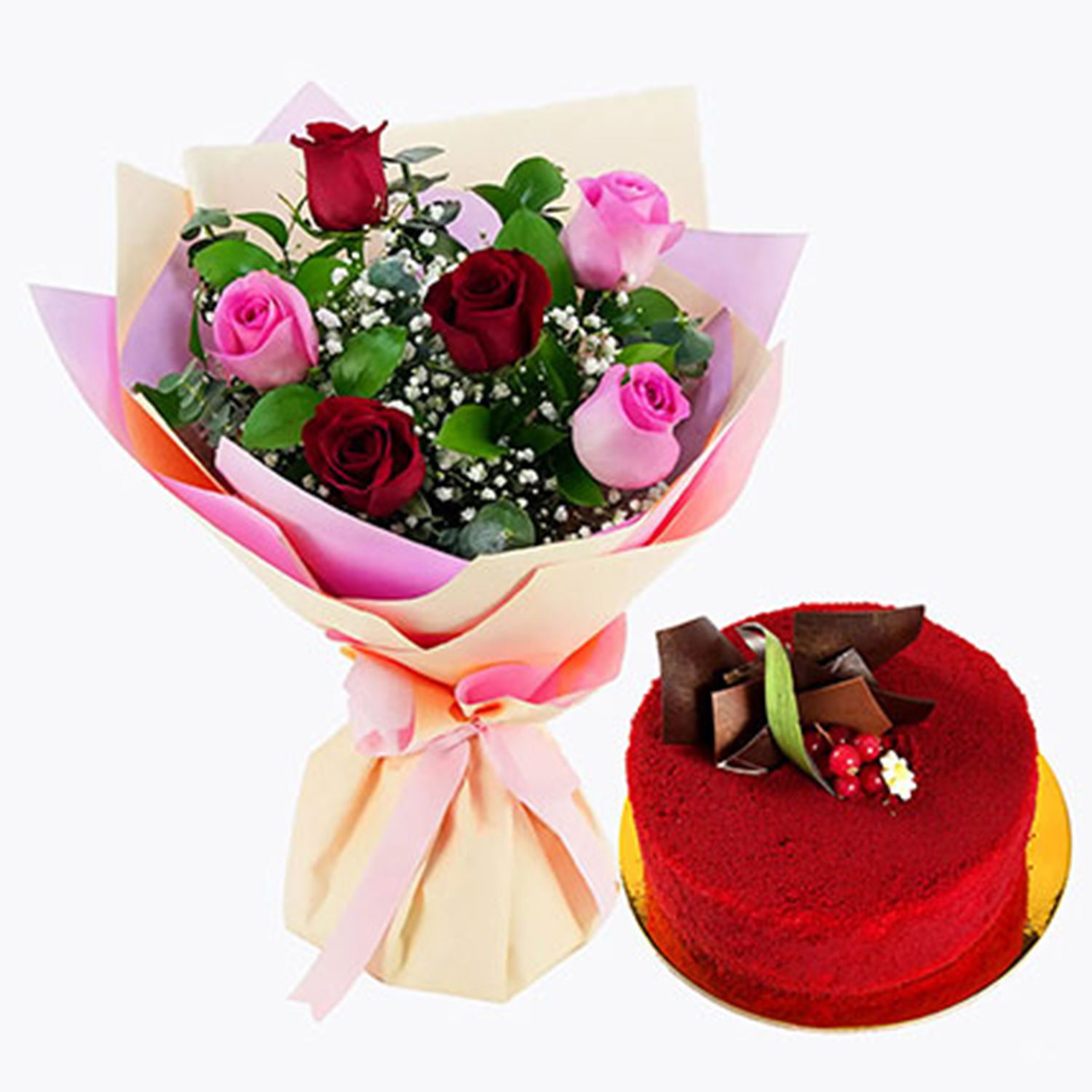 Pink And Red Roses With Red Velvet Cake Delivery in Singapore - FNP SG