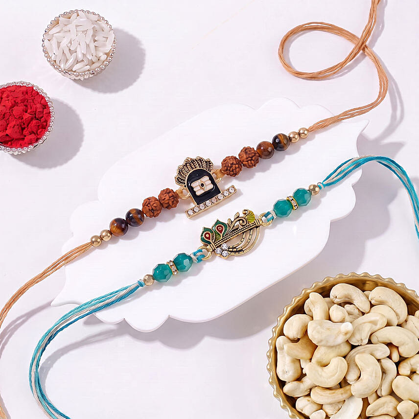 Divine Harmony Shiva and Krishna Rakhi Set with Cashews