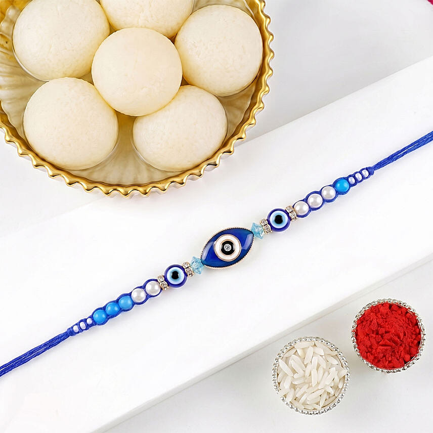 Feng Shui Blue Evil Eye Rakhi with Rasgulla