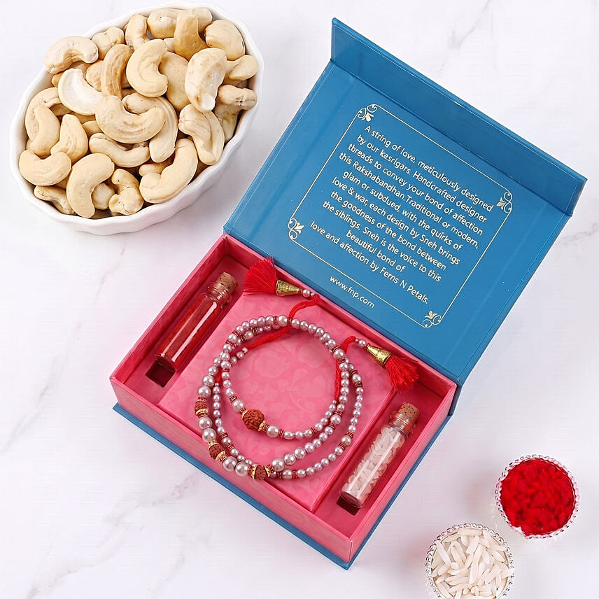 Pearls and Rudraksha Rakhi with Cashews