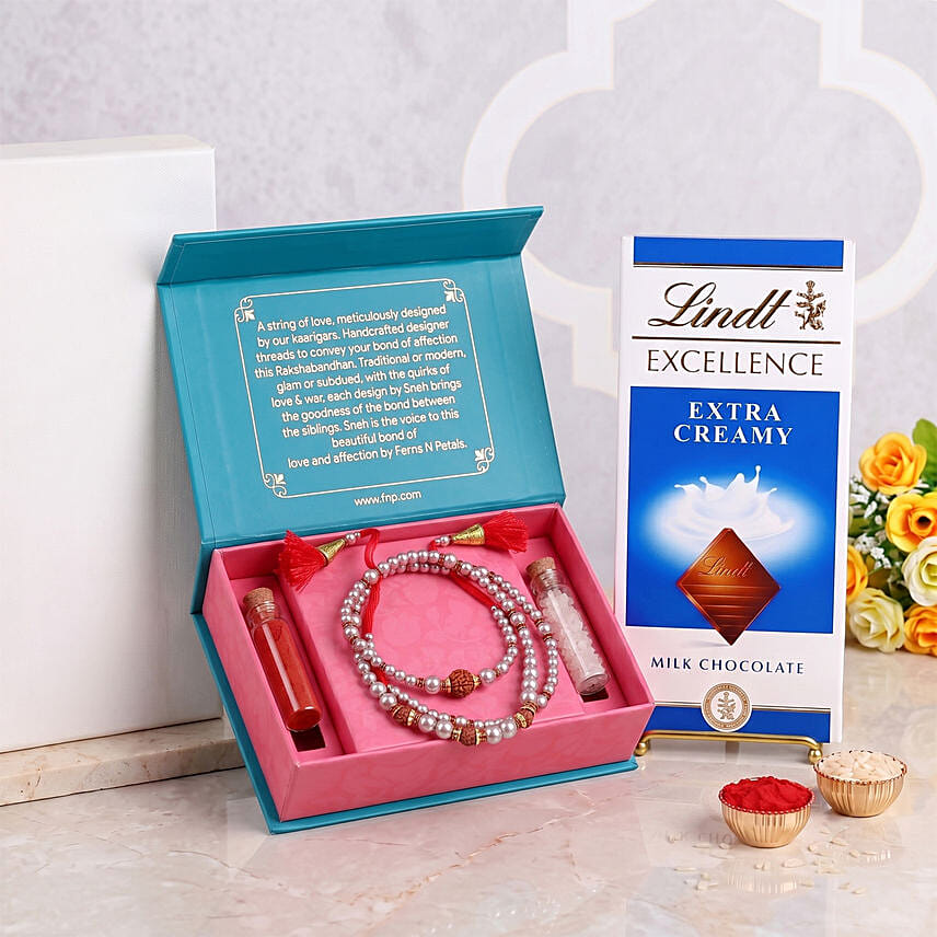 Pearls and Rudraksha Rakhi with Lindt Chocolate Bar
