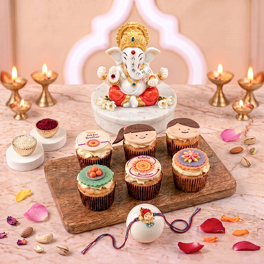 Raksha Bandhan Cupcakes with Ganesh Rakhi and Idol