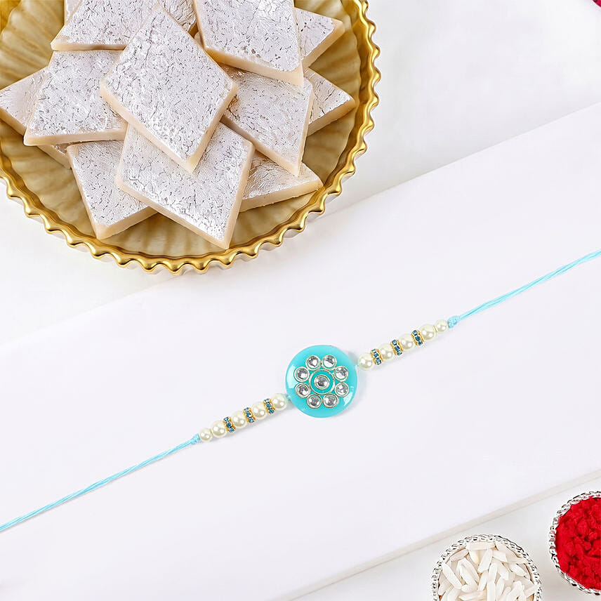 Sneh Mesmerising Kundan Sky Blue Rakhi with Kaju Katli 400gm