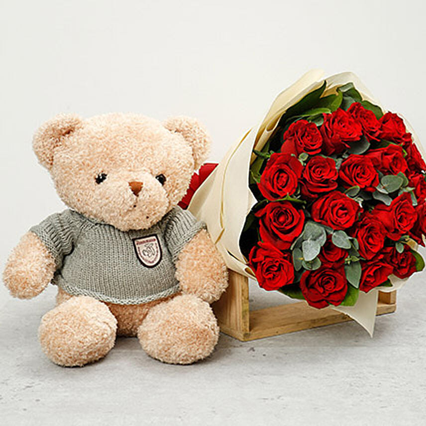 Adorable Brown Teddy Bear and Red Roses Bouquet Delivery in Singapore ...
