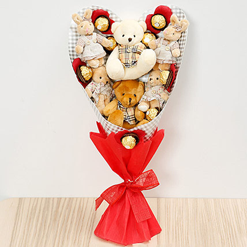 Chocolates and Teddy Bear Heart Shaped Bouquet