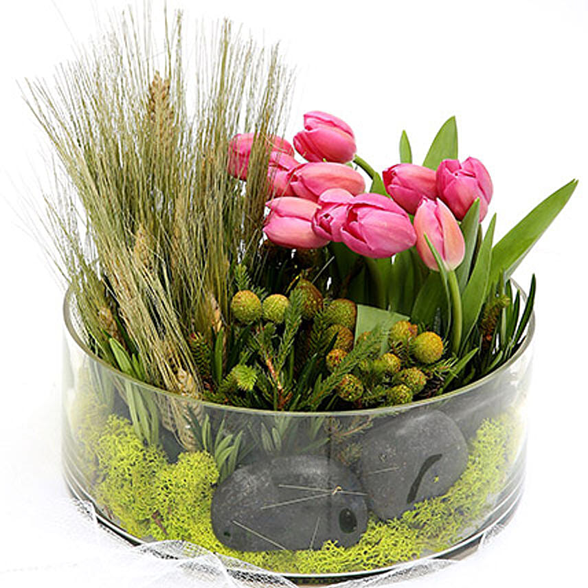 Pink Tulips With Pebbles Glass Vase Arrangement