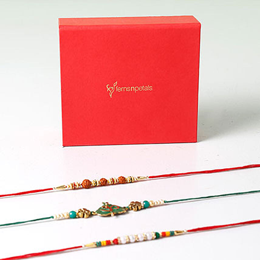 3 Attractive Designer Rakhis In Red Box