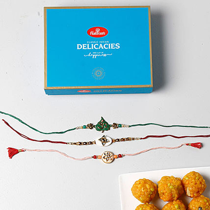 3 Colorful Rakhis With Boondi Laddu Combo