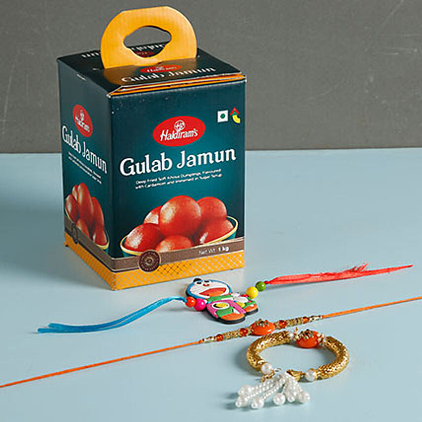 3 Enchanting Rakhis And Gulab Jamun Combo