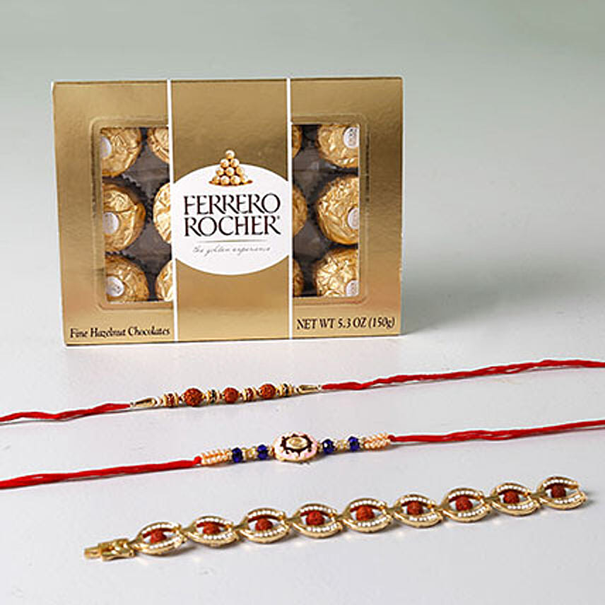 Rocher And Set of 3 Dazzling Rakhis