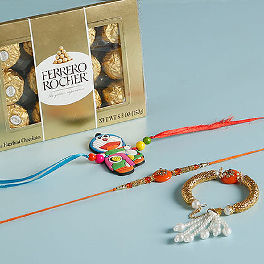Set Of 3 Rakhis And Ferrero Rocher Combo
