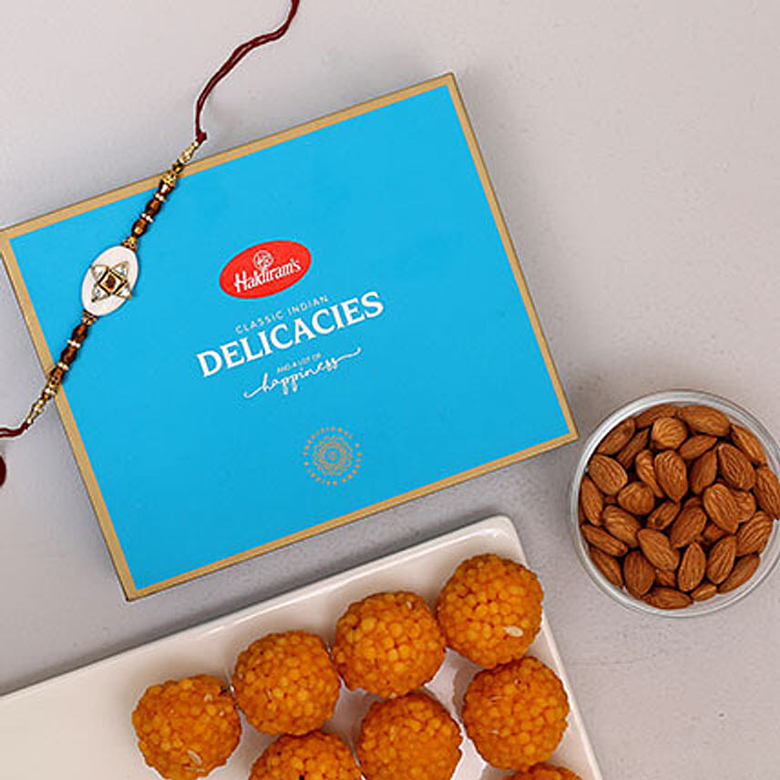 Stone Studded Rakhi And Almonds Combo