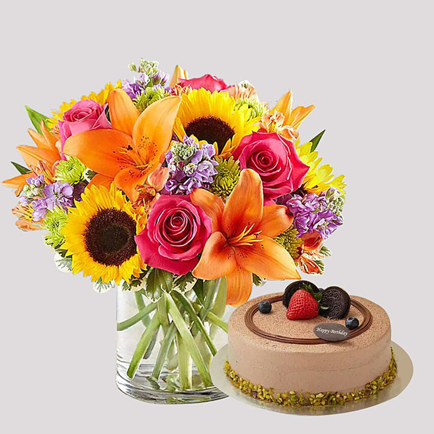 Chocolate Cake and Vivid Floral Vase