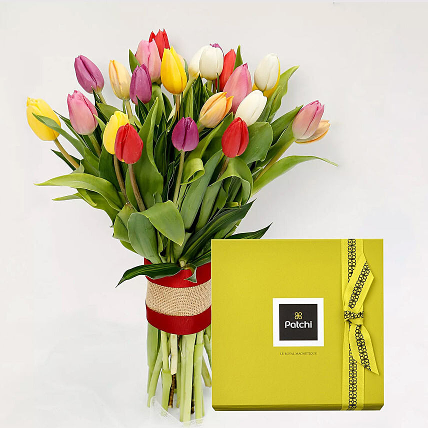 Colourful Tulips Bunch and Patchi Chocolate Box
