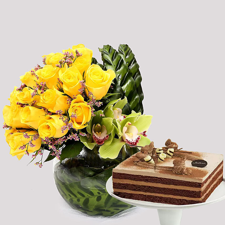 Deluxe Chocolate Cake and Yellow Rose Grace