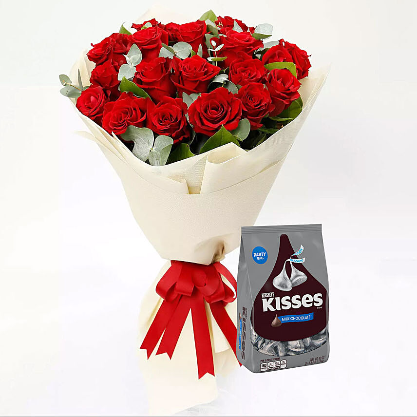 Hersheys Kisses Chocolates and Red Rose Bouquet