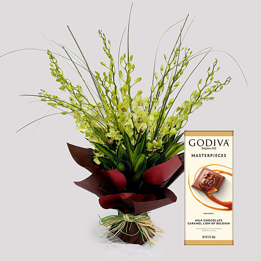 Mokara Orchid Bouquet and Godiva Chocolates