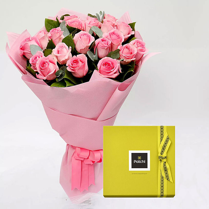 Patchi Chocolate Box and Pink Rose Bouquet