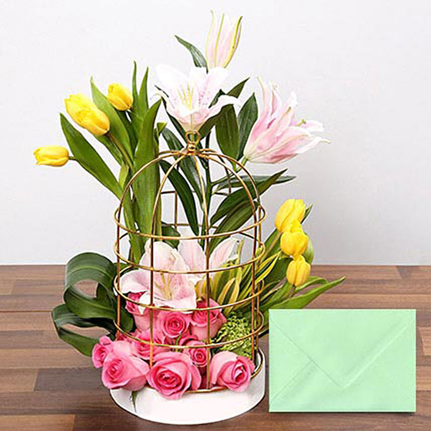 Floral Cage Arrangement With Greeting Card