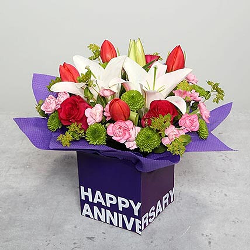 Tulips Roses and Carnations in Glass Vase