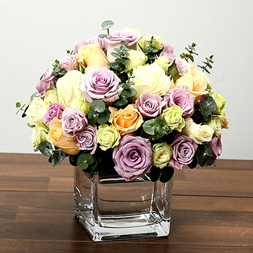 Mixed Rose Arrangement In Glass Vase