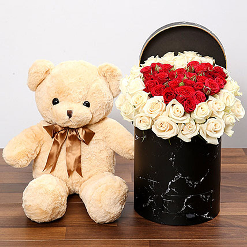 Peach and Red Rose Box With Teddy Bear Delivery in Singapore - FNP SG