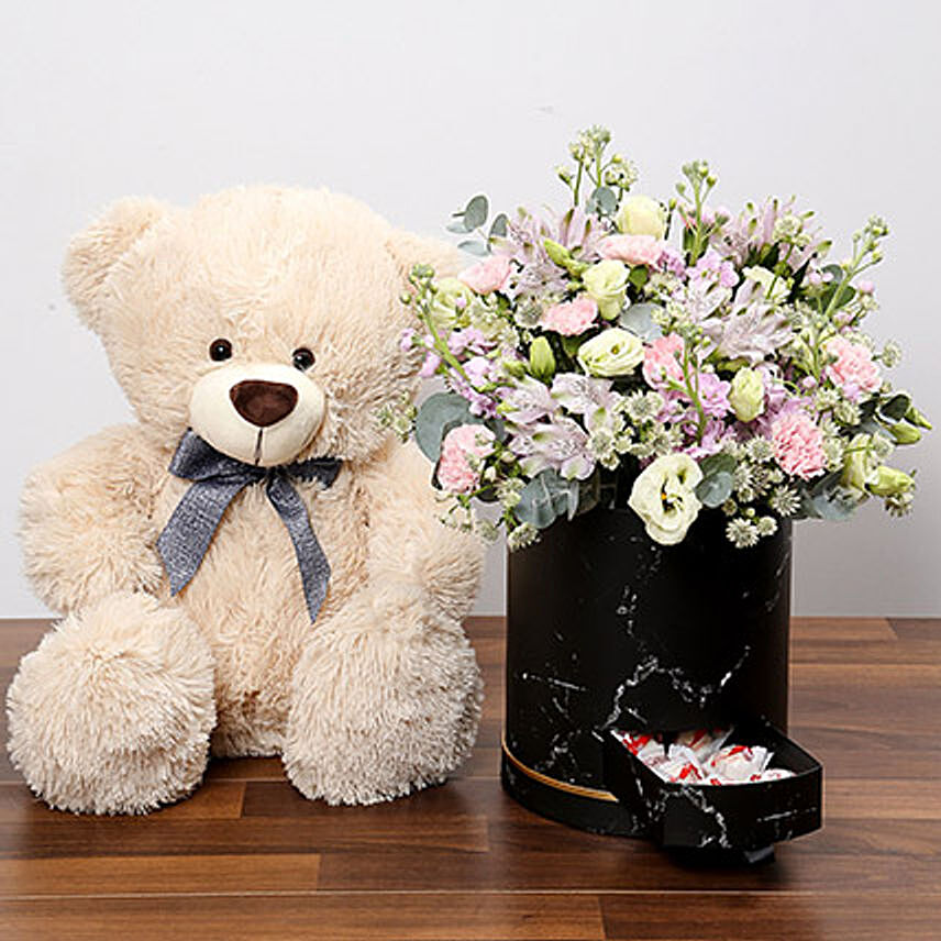 Pink and White Floral Box With Chocolates and Teddy