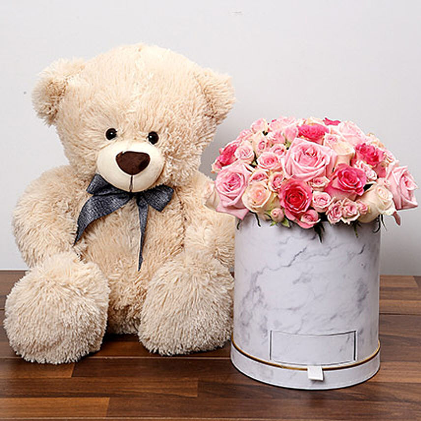 Stylish Box Of Pink Roses With Chocolates and Teddy