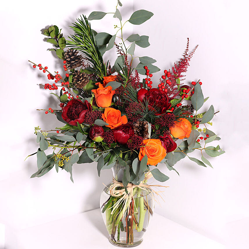 Orange Roses And Red Peonies Vase Arrangement