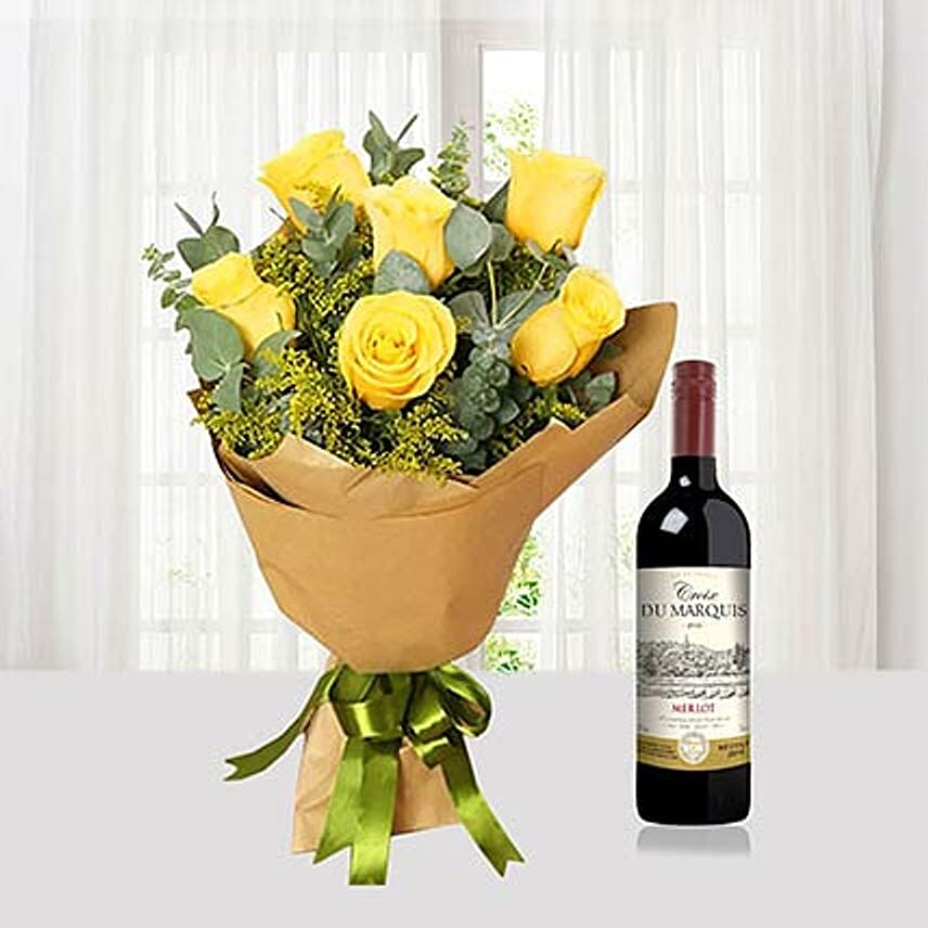 Yellow Roses Bouquet N Wine Combo