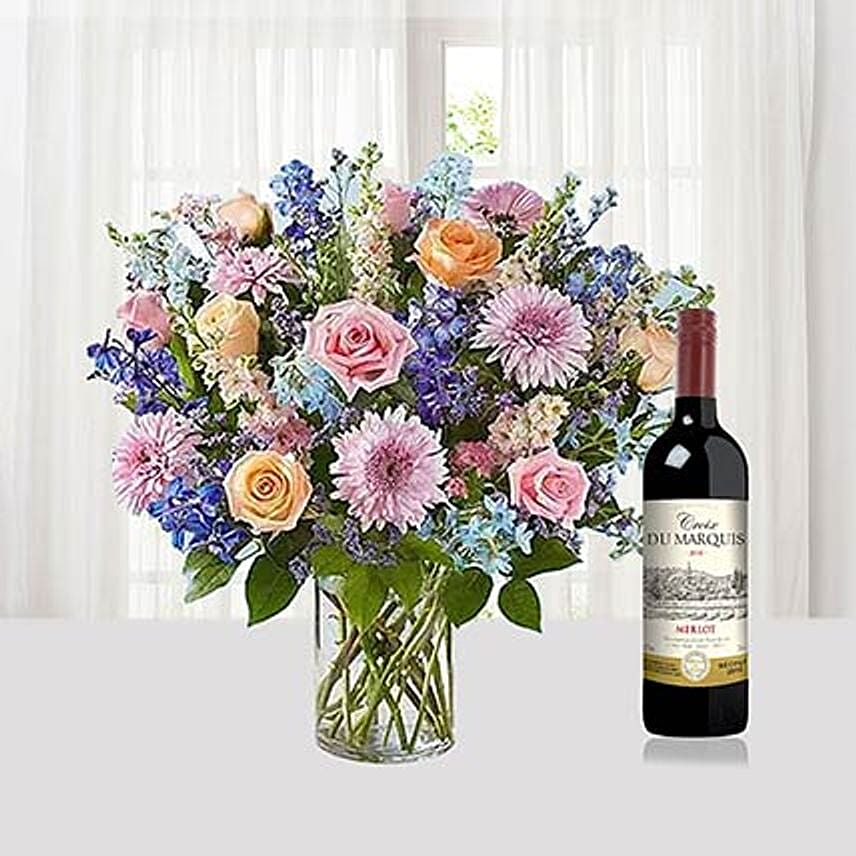 Mixed Flowers Vase Arrangement With Wine