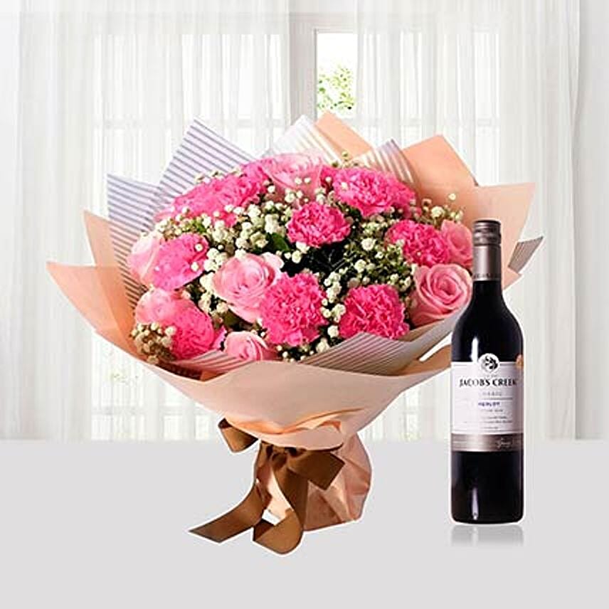 Pink Flowers Bouquet N Wine Combo Delivery in Singapore - FNP SG