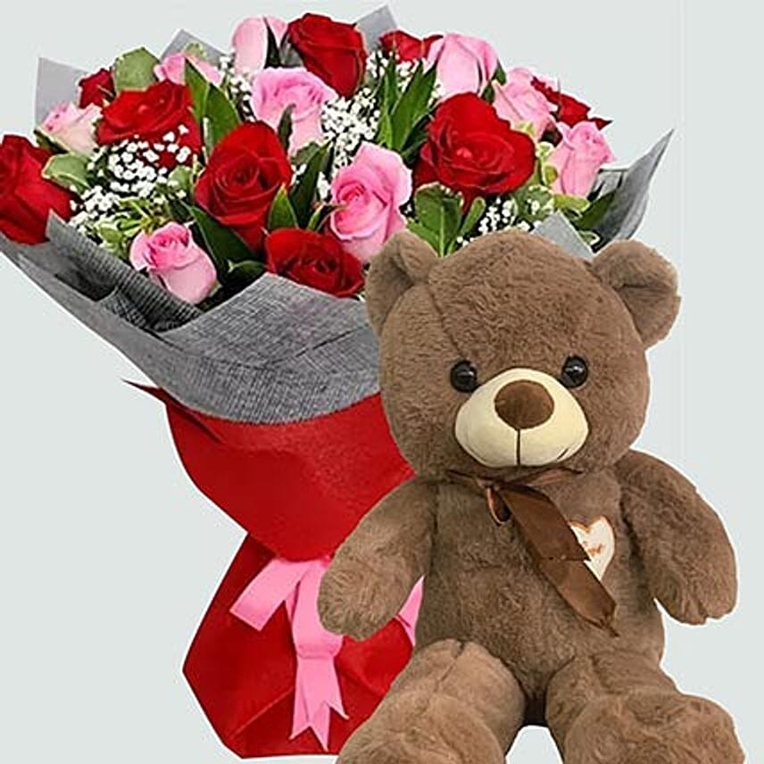Pink and Red Roses Bouquet with Brown Teddy Delivery in Singapore - FNP SG