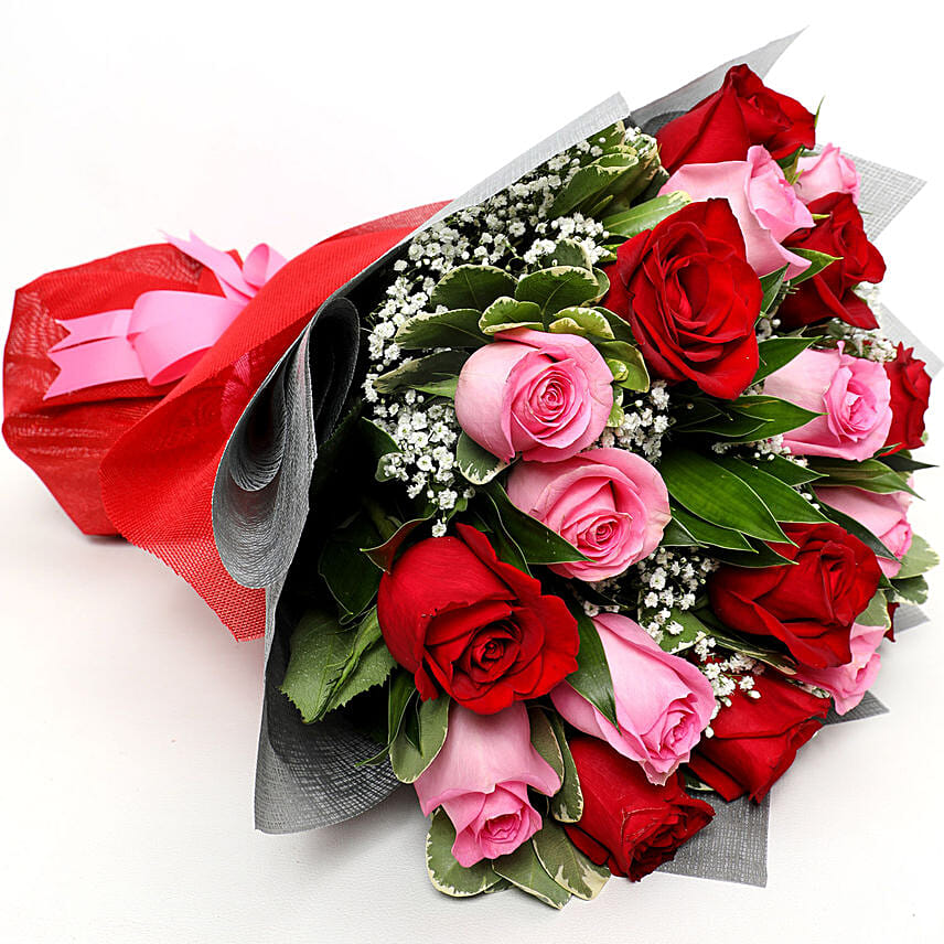 20 Dual Color Roses Bouquet with Brown Teddy Delivery in Singapore - FNP SG