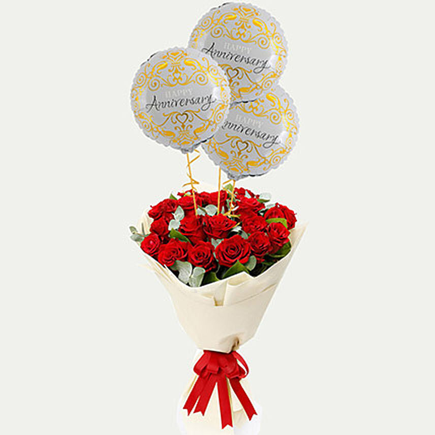 Red Roses Bouquet with Anniversary Balloons