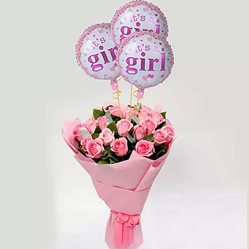 Bunch Of Pink Roses With Balloons