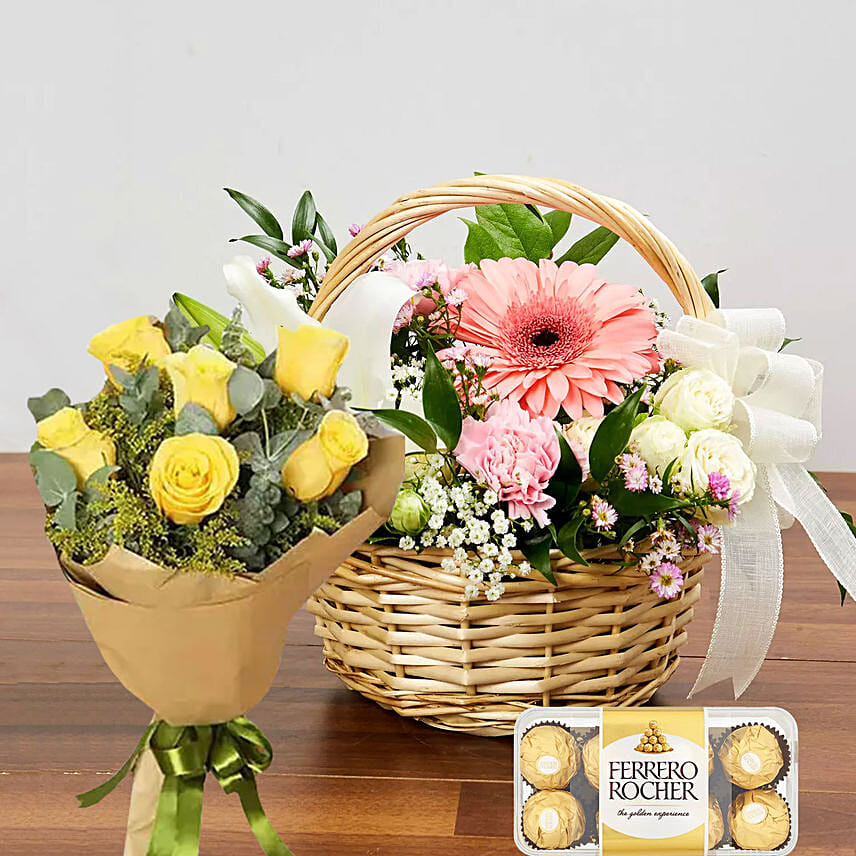 Flower Basket With Roses Bunch & Chocolates