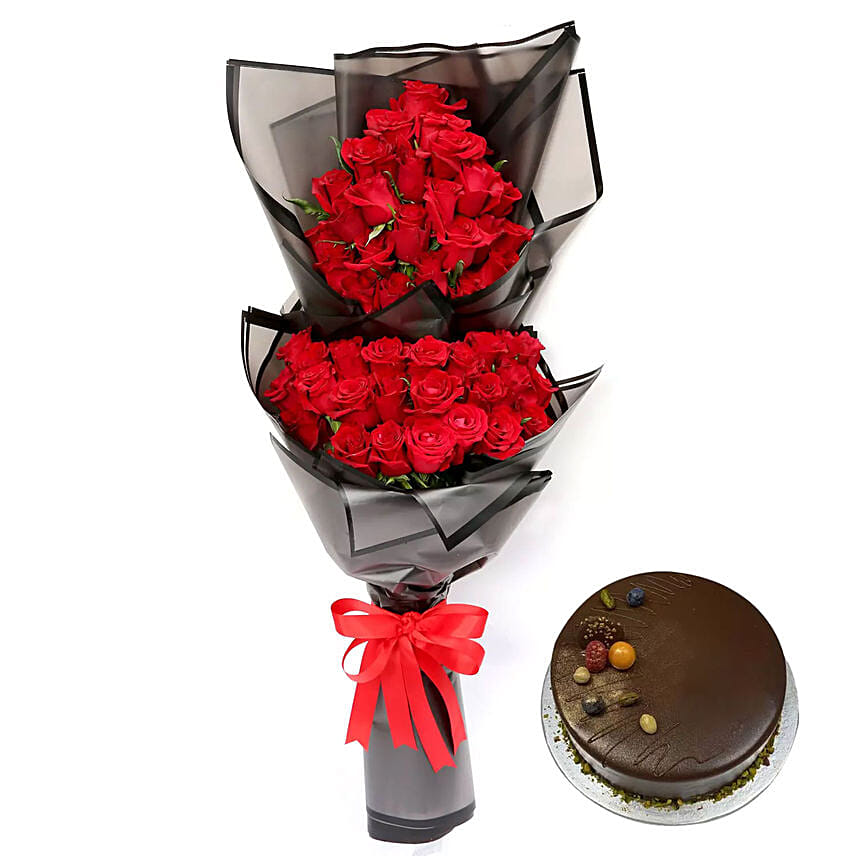Red Roses Bunch With Chocolate Cake Delivery in Singapore - FNP SG